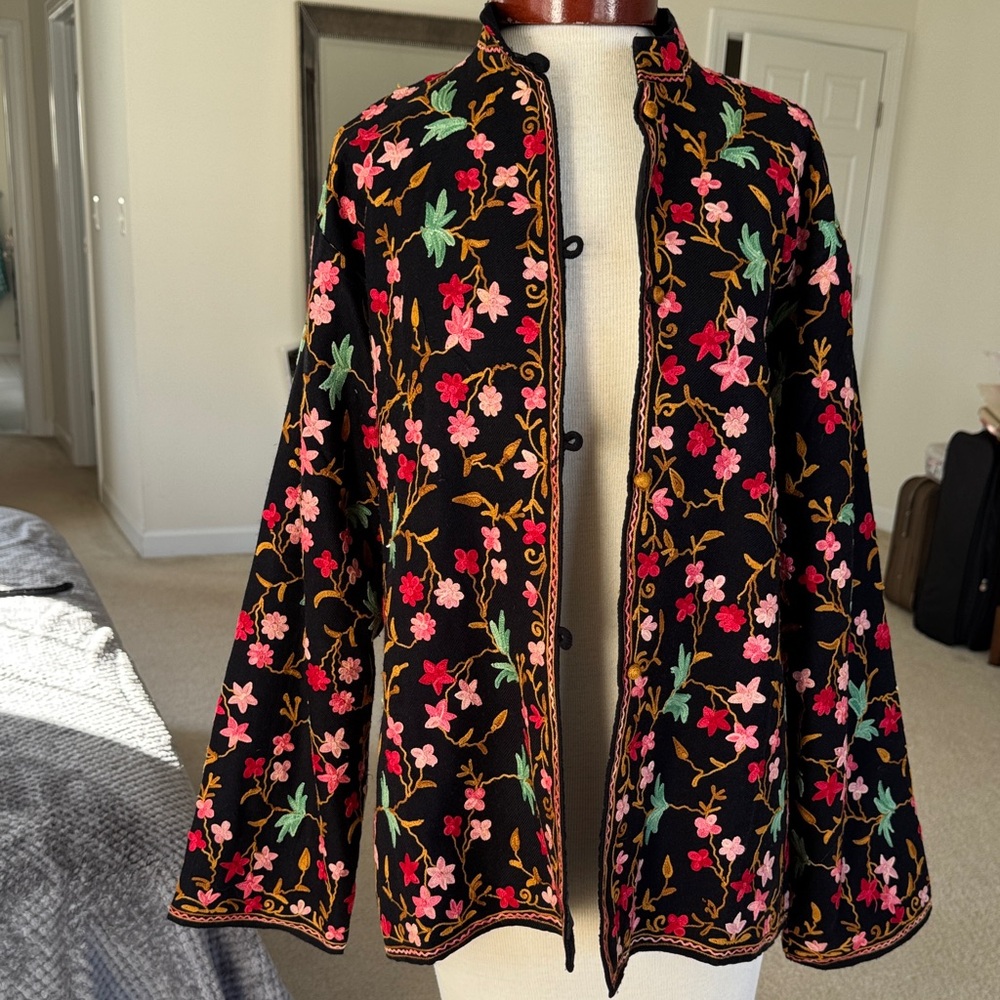 Floral Crewel stitch vibrant Kashmiri  Embroidered Women's Jacket in black wool